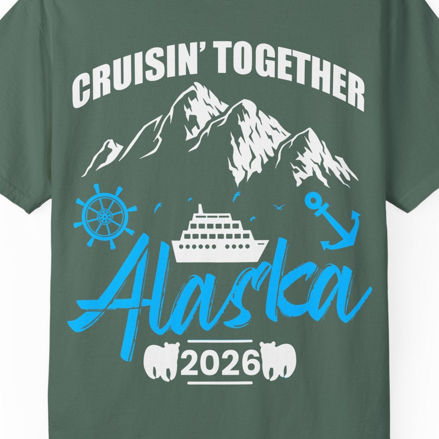 Alaska Cruise Group Adventure Shirt Comfort Colors T-Shirt – Blue Spruce – Alaska Cruise Shirts Close Up