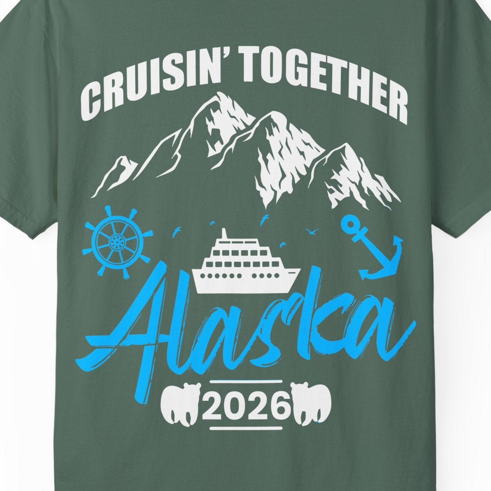 Alaska Cruise Group Adventure Shirt Comfort Colors T-Shirt – Blue Spruce – Alaska Cruise Shirts Close Up