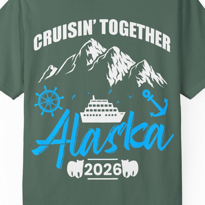 Alaska Cruise Group Adventure Shirt Comfort Colors T-Shirt – Blue Spruce – Alaska Cruise Shirts Close Up