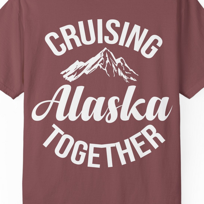 Cruising Alaska Together Mountain Adventure Travel Couples Shirt — Comfort Comfort Colors T-Shirt – Brick – Alaska Cruise Shirts Close Up