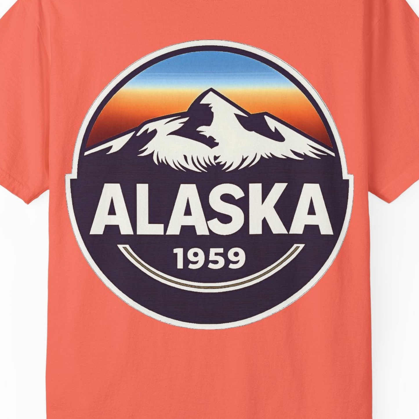 Alaska 1959 Retro Mountain Sunset Badge Shirt Vintage Statehood Tee — Comfort Comfort Colors T-Shirt – Bright Salmon – Alaska Cruise Shirts Close Up