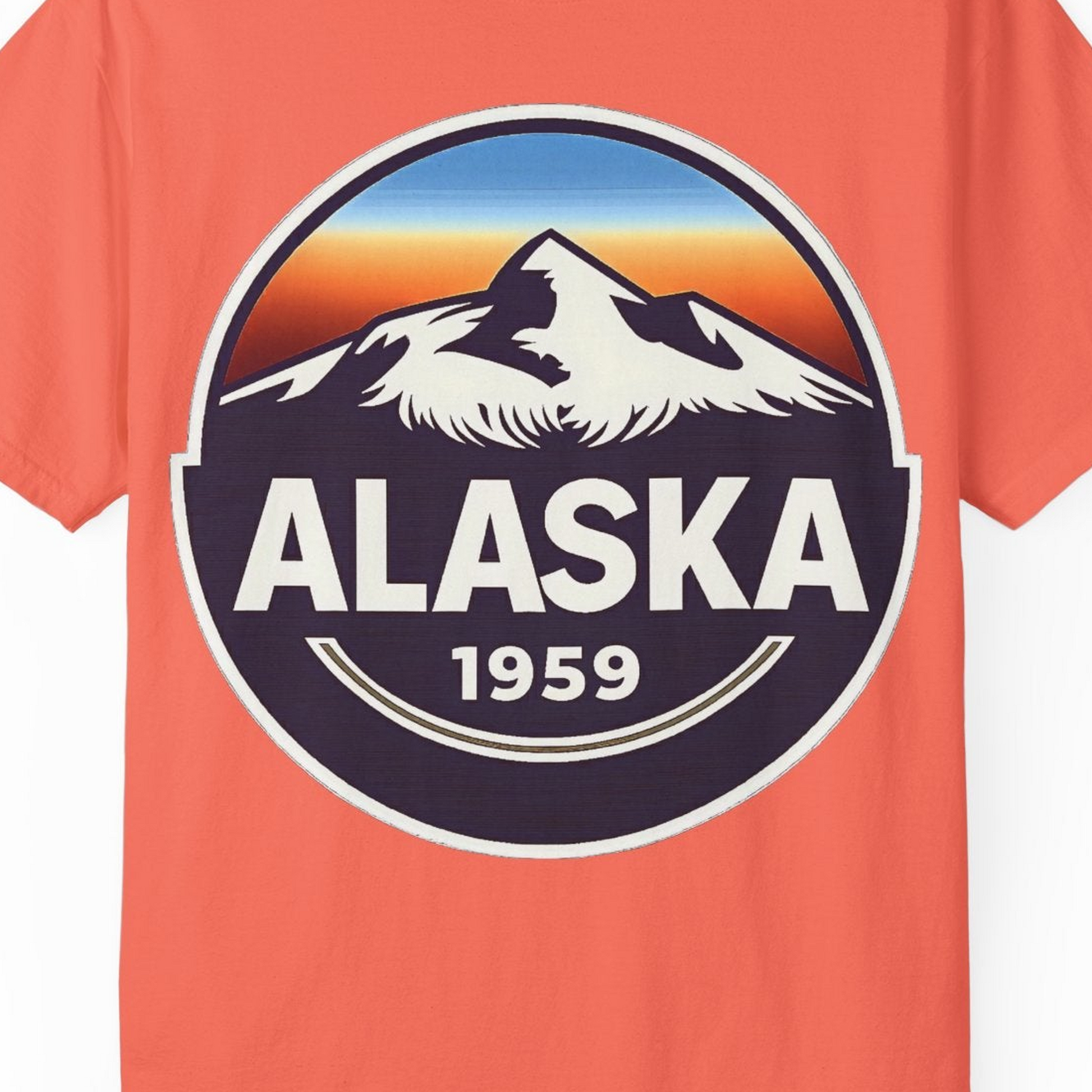 Alaska 1959 Retro Mountain Sunset Badge Shirt Vintage Statehood Tee — Comfort Comfort Colors T-Shirt – Bright Salmon – Alaska Cruise Shirts Close Up