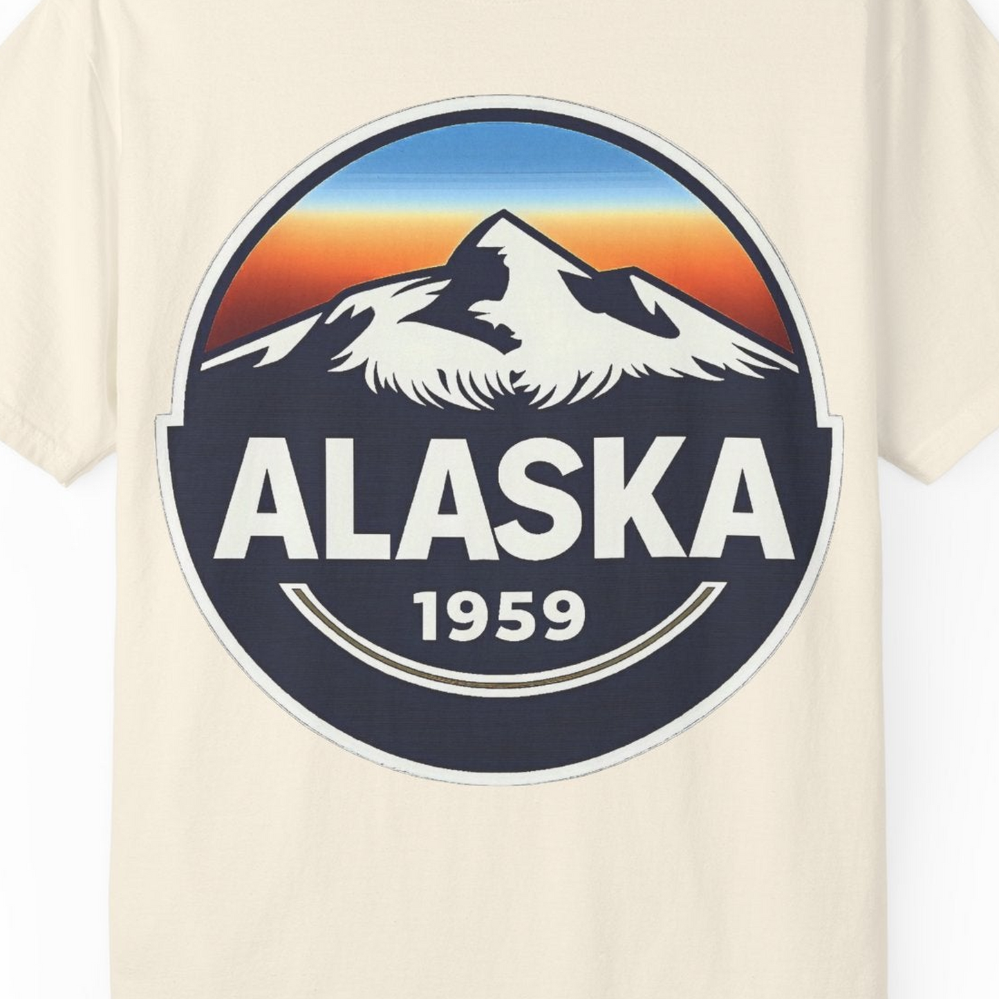 Alaska 1959 Retro Mountain Sunset Badge Shirt Vintage Statehood Tee — Comfort Comfort Colors T-Shirt – Ivory – Alaska Cruise Shirts Close Up