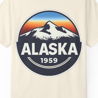 Alaska 1959 Retro Mountain Sunset Badge Shirt Vintage Statehood Tee — Comfort Comfort Colors T-Shirt – Ivory – Alaska Cruise Shirts Close Up