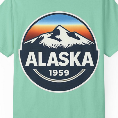 Alaska 1959 Retro Mountain Sunset Badge Shirt Vintage Statehood Tee — Comfort Comfort Colors T-Shirt – Island Reef – Alaska Cruise Shirts Close Up