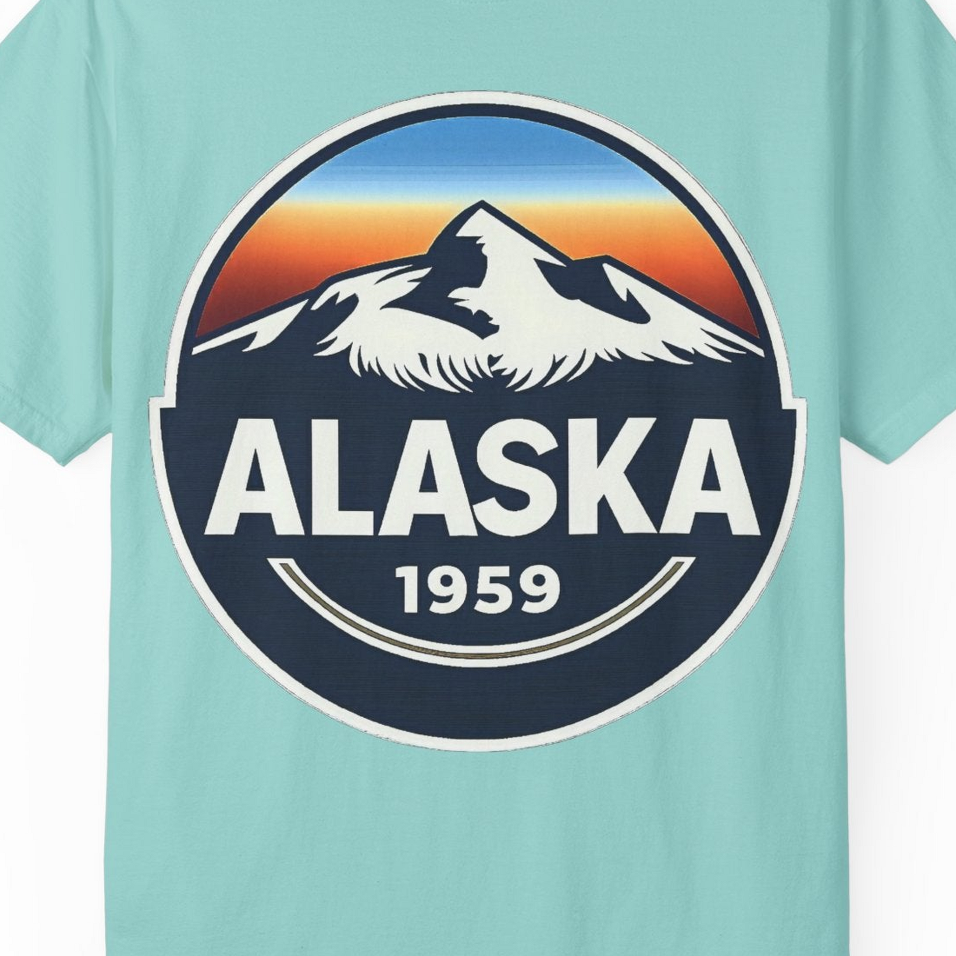 Alaska 1959 Retro Mountain Sunset Badge Shirt Vintage Statehood Tee — Comfort Comfort Colors T-Shirt – Chalky Mint – Alaska Cruise Shirts Close Up