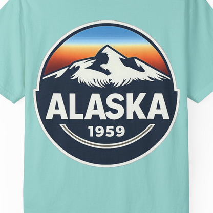 Alaska 1959 Retro Mountain Sunset Badge Shirt Vintage Statehood Tee — Comfort Comfort Colors T-Shirt – Chalky Mint – Alaska Cruise Shirts Close Up