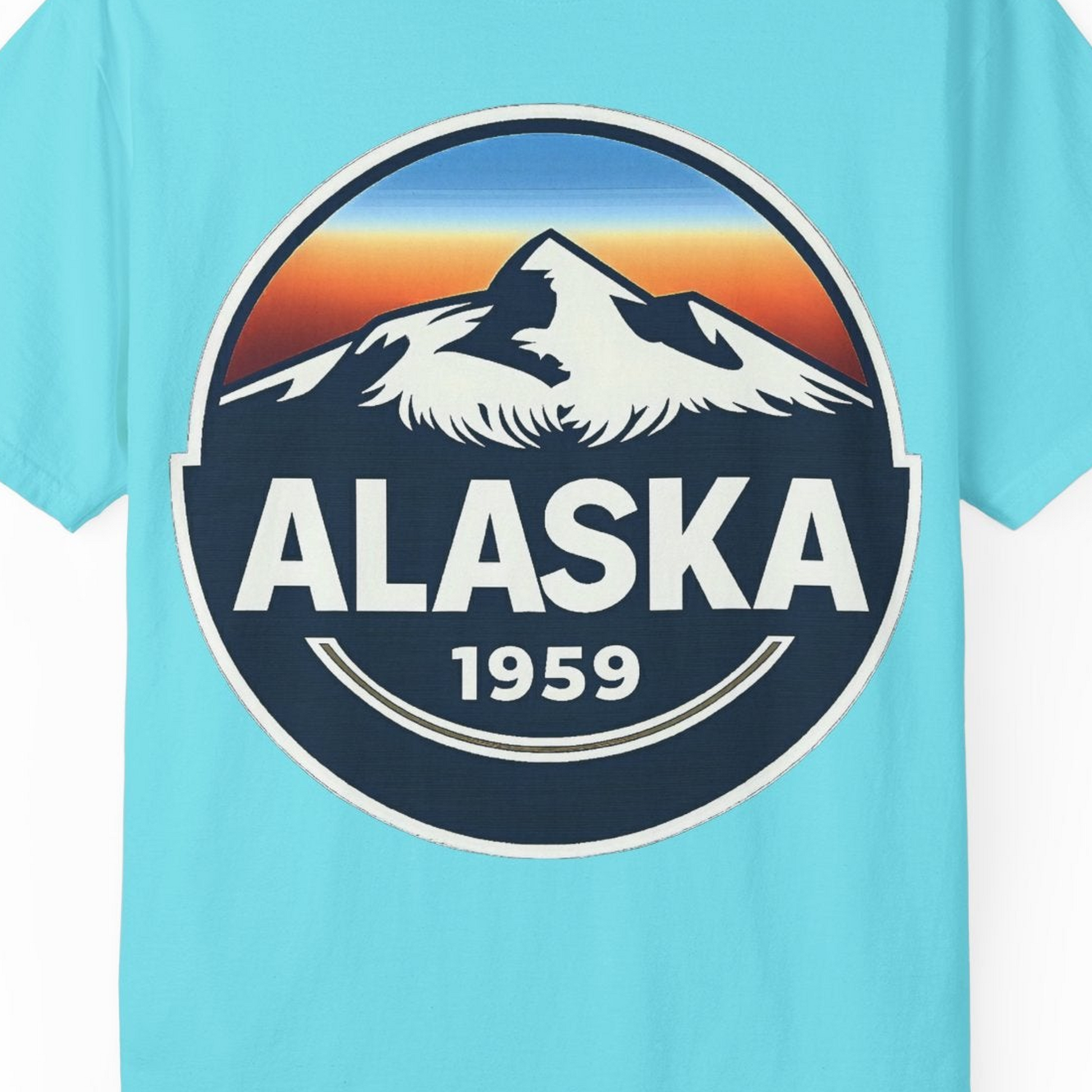 Alaska 1959 Retro Mountain Sunset Badge Shirt Vintage Statehood Tee — Comfort Comfort Colors T-Shirt – Lagoon Blue – Alaska Cruise Shirts Close Up