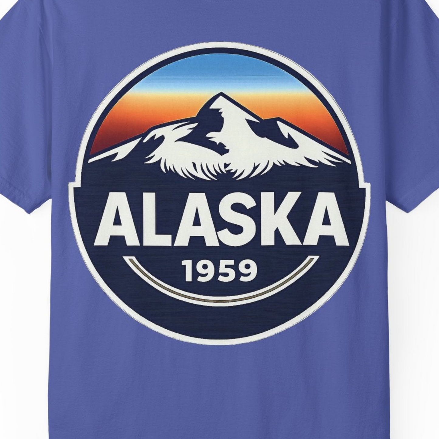 Alaska 1959 Retro Mountain Sunset Badge Shirt Vintage Statehood Tee — Comfort Comfort Colors T-Shirt – Periwinkle – Alaska Cruise Shirts Close Up