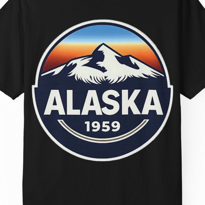 Alaska 1959 Retro Mountain Sunset Badge Shirt Vintage Statehood Tee — Comfort Comfort Colors T-Shirt – Black – Alaska Cruise Shirts Close Up