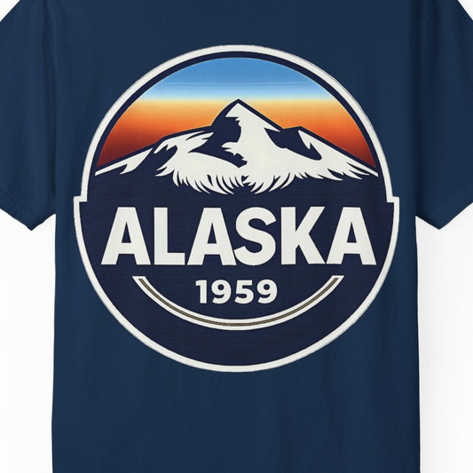 Alaska 1959 Retro Mountain Sunset Badge Shirt Vintage Statehood Tee — Comfort Comfort Colors T-Shirt – Navy – Alaska Cruise Shirts Close Up