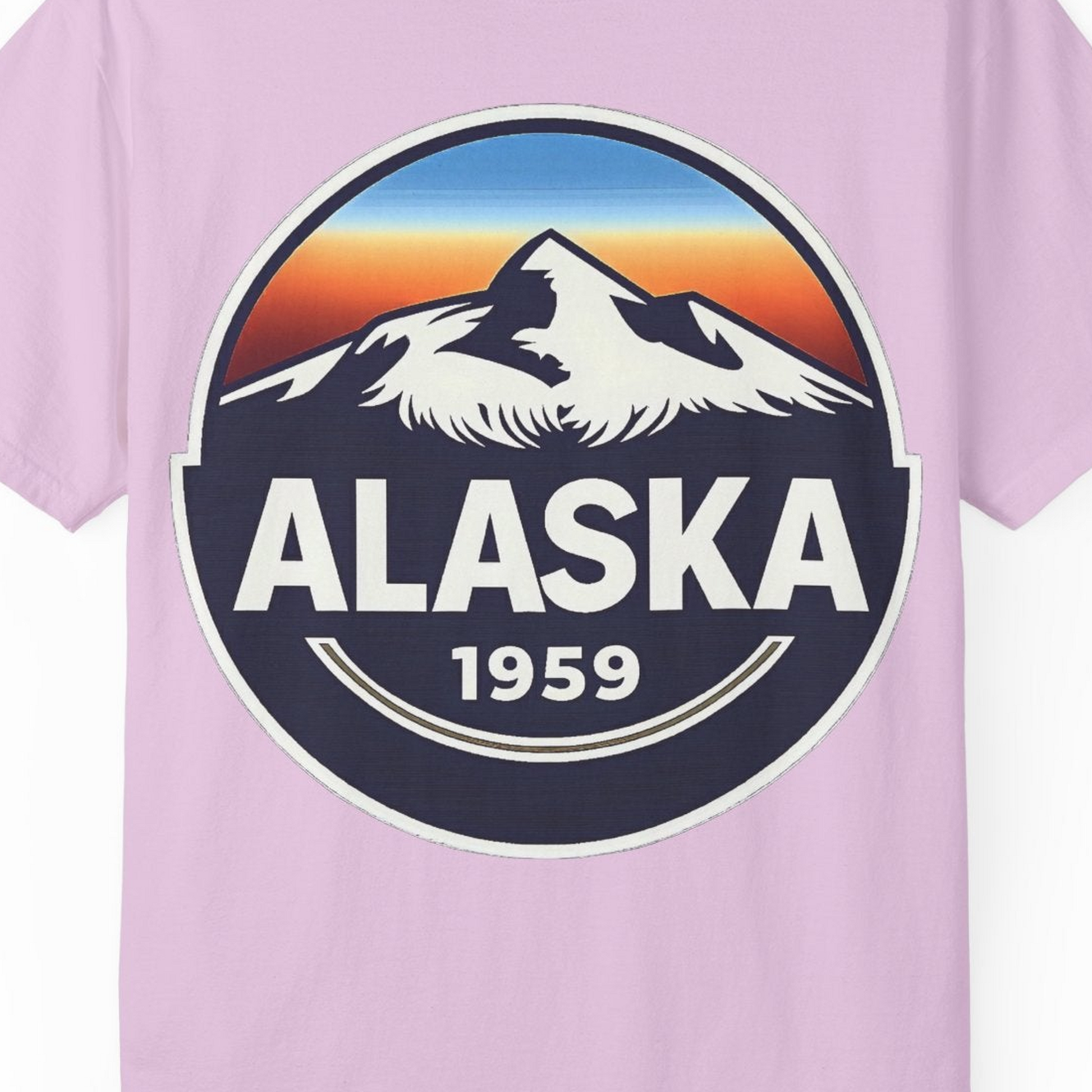Alaska 1959 Retro Mountain Sunset Badge Shirt Vintage Statehood Tee — Comfort Comfort Colors T-Shirt – Orchid – Alaska Cruise Shirts Close Up