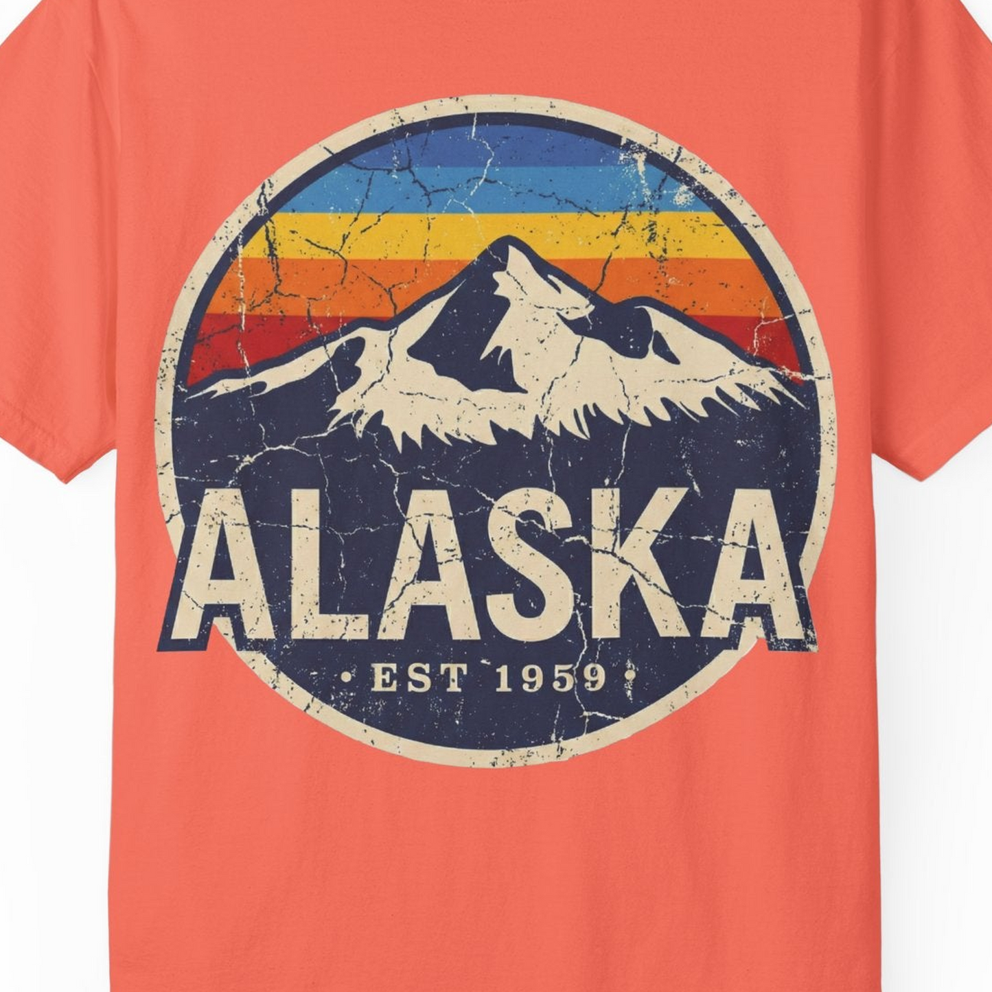 Alaska Vintage Shirt Comfort Colors T-Shirt – Bright Salmon – Alaska Cruise Shirts Close Up