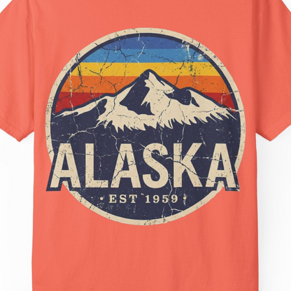 Alaska Vintage Shirt Comfort Colors T-Shirt – Bright Salmon – Alaska Cruise Shirts Close Up