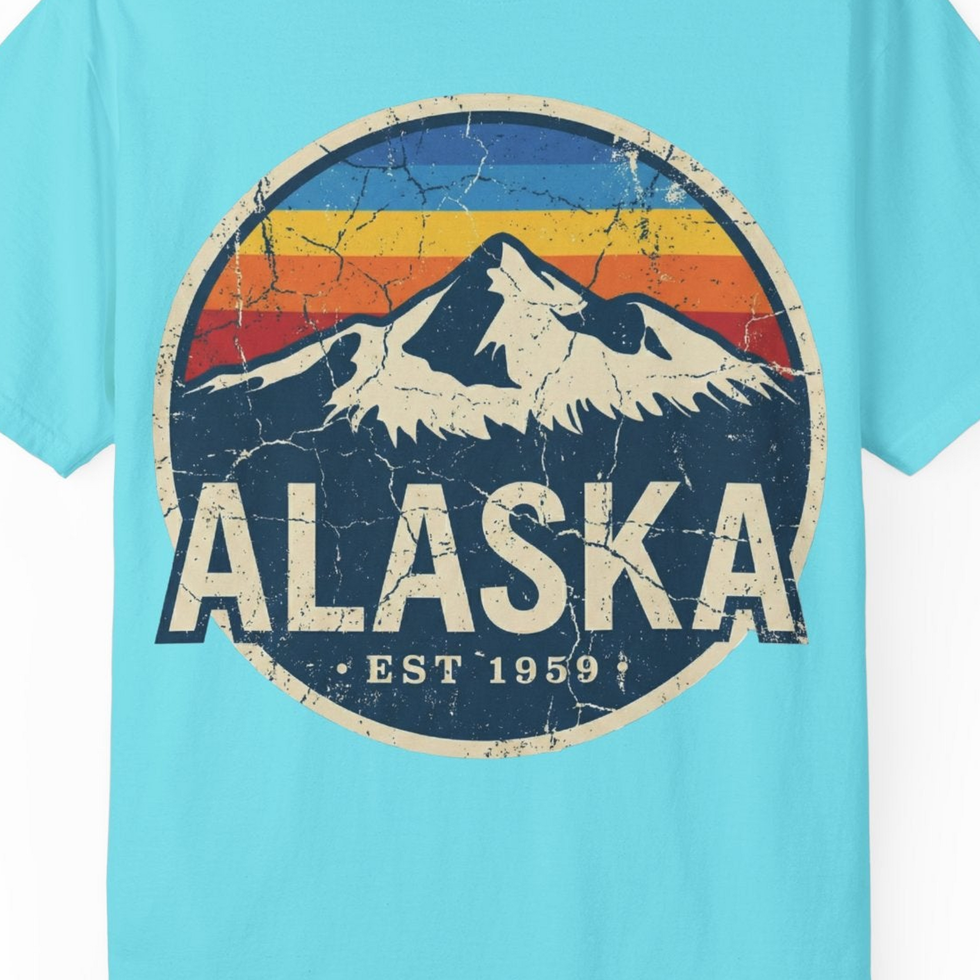 Alaska Vintage Shirt Comfort Colors T-Shirt – Lagoon Blue – Alaska Cruise Shirts Close Up