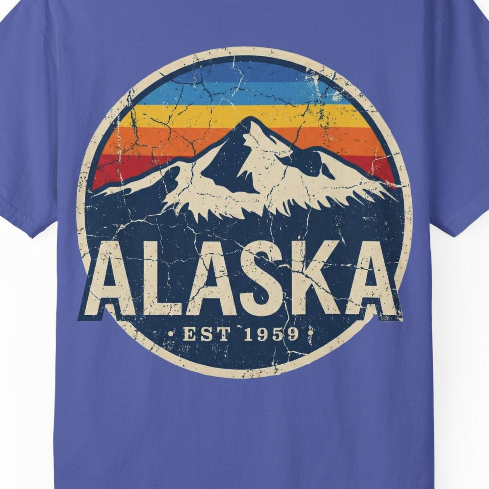 Alaska Vintage Shirt Comfort Colors T-Shirt – Periwinkle – Alaska Cruise Shirts Close Up