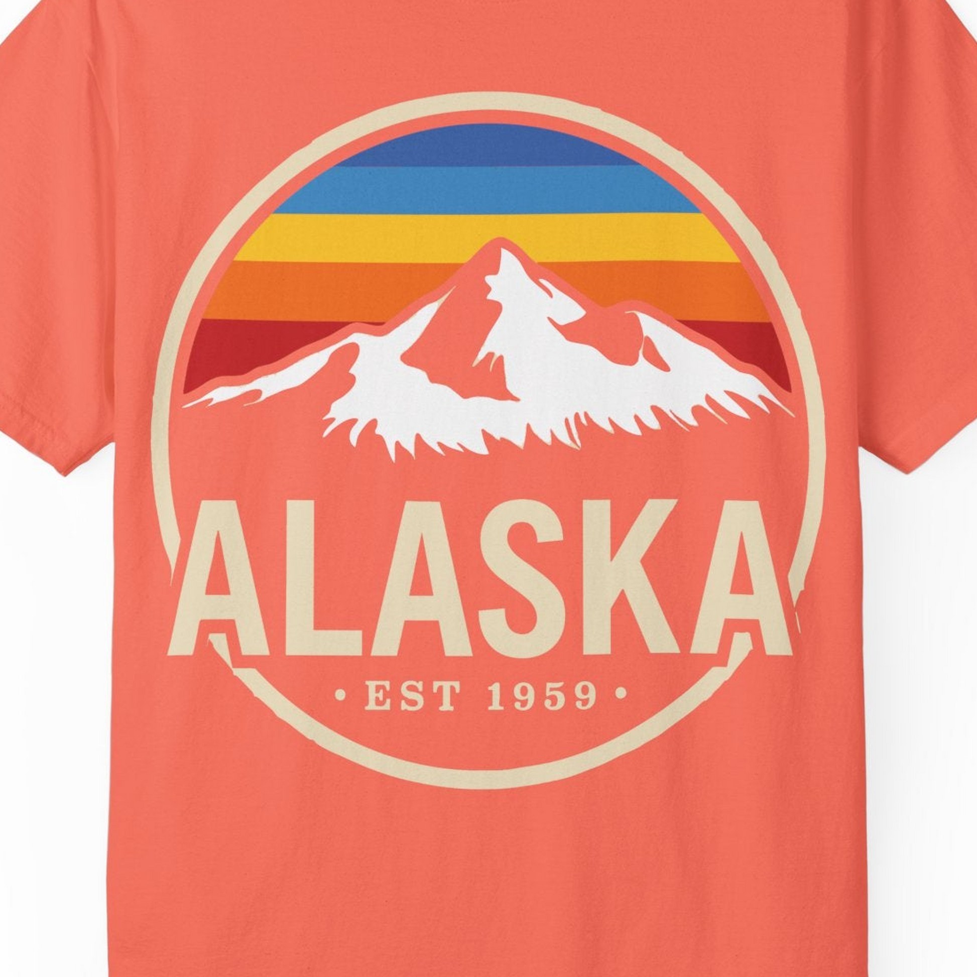 Alaska Vintage Mountain Sunset Shirt Comfort Colors T-Shirt – Bright Salmon – Alaska Cruise Shirts Close Up