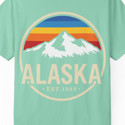 Alaska Vintage Mountain Sunset Shirt Comfort Colors T-Shirt – Island Reef – Alaska Cruise Shirts Close Up