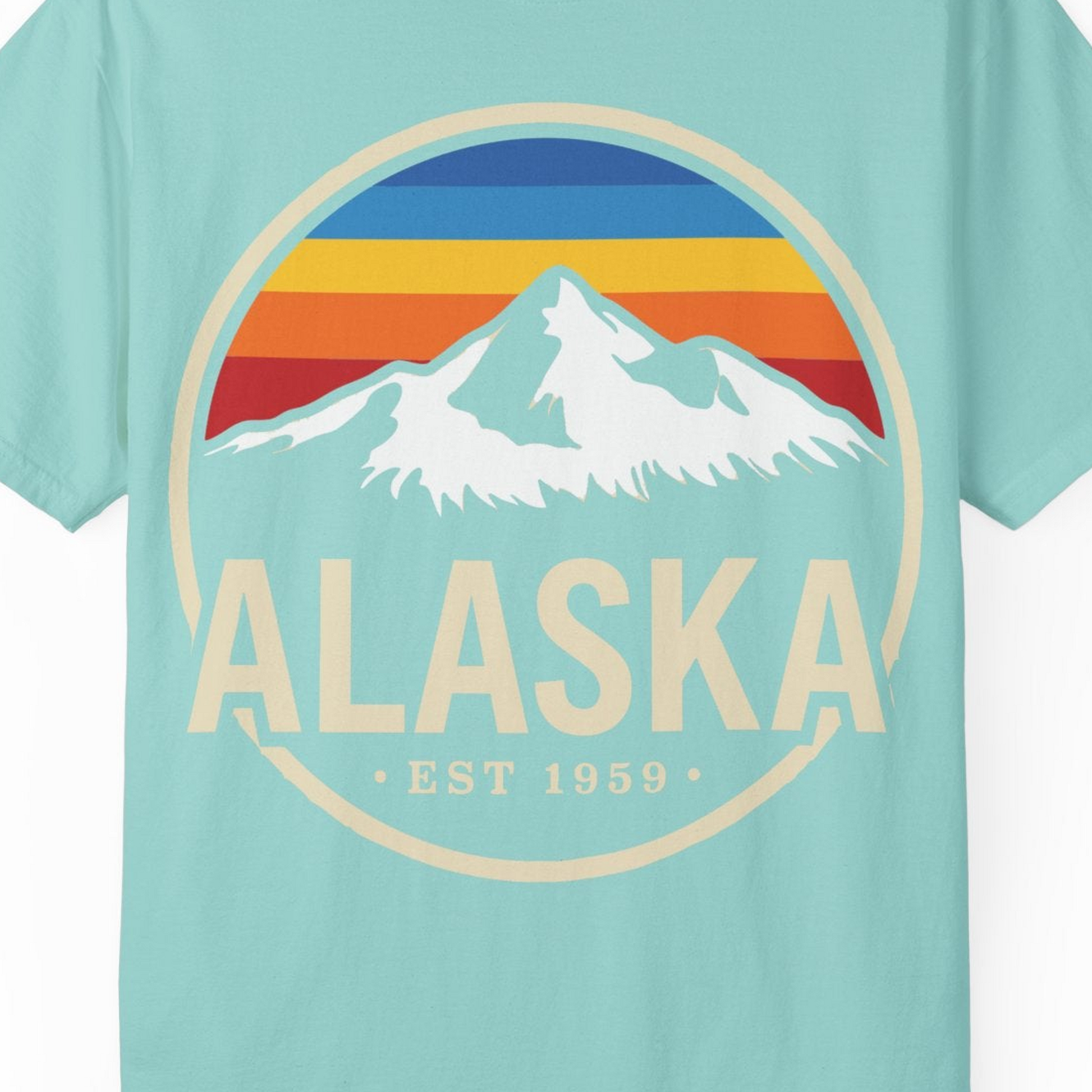 Alaska Vintage Mountain Sunset Shirt Comfort Colors T-Shirt – Chalky Mint – Alaska Cruise Shirts Close Up