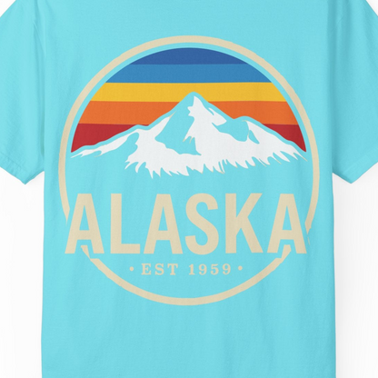Alaska Vintage Mountain Sunset Shirt Comfort Colors T-Shirt – Lagoon Blue – Alaska Cruise Shirts Close Up