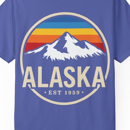Alaska Vintage Mountain Sunset Shirt Comfort Colors T-Shirt – Periwinkle – Alaska Cruise Shirts Close Up