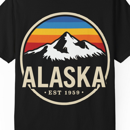 Alaska Vintage Mountain Sunset Shirt Comfort Colors T-Shirt – Black – Alaska Cruise Shirts Close Up