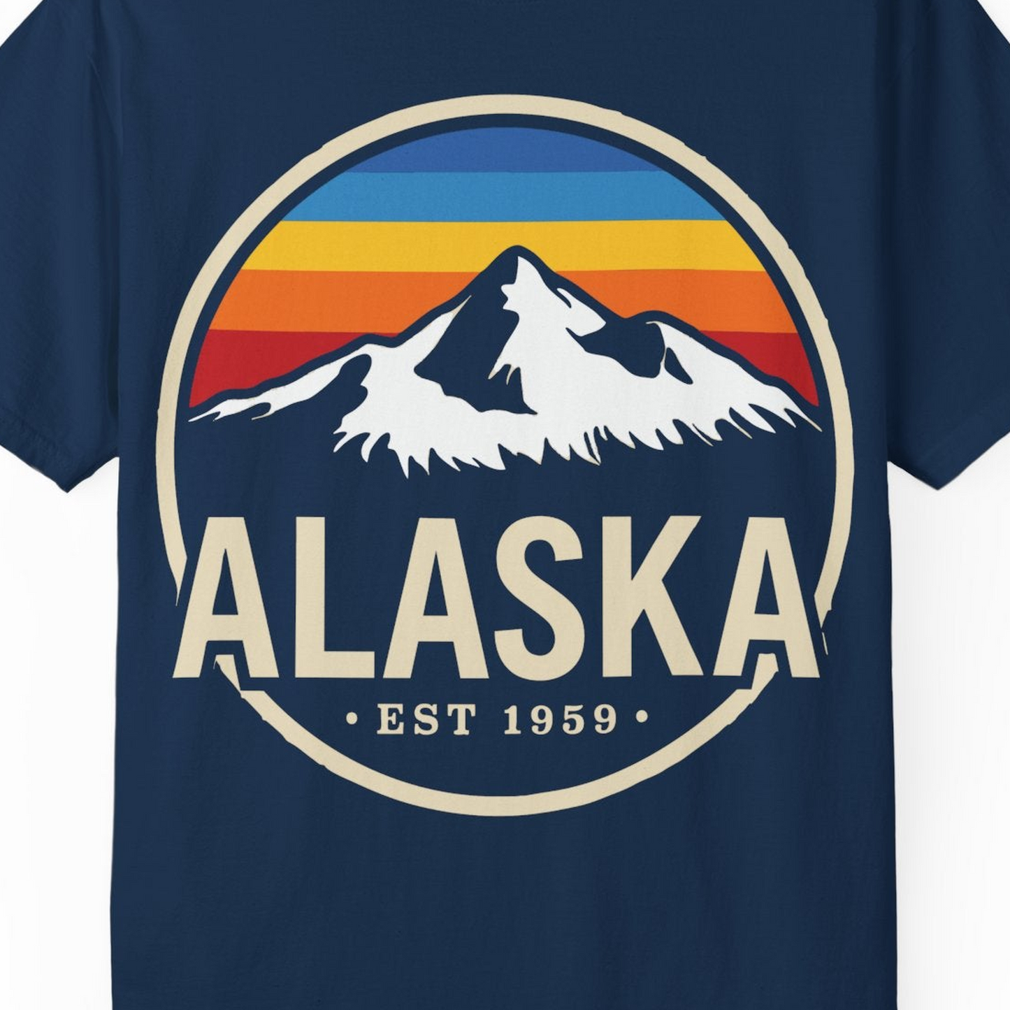 Alaska Vintage Mountain Sunset Shirt Comfort Colors T-Shirt – Navy – Alaska Cruise Shirts Close Up