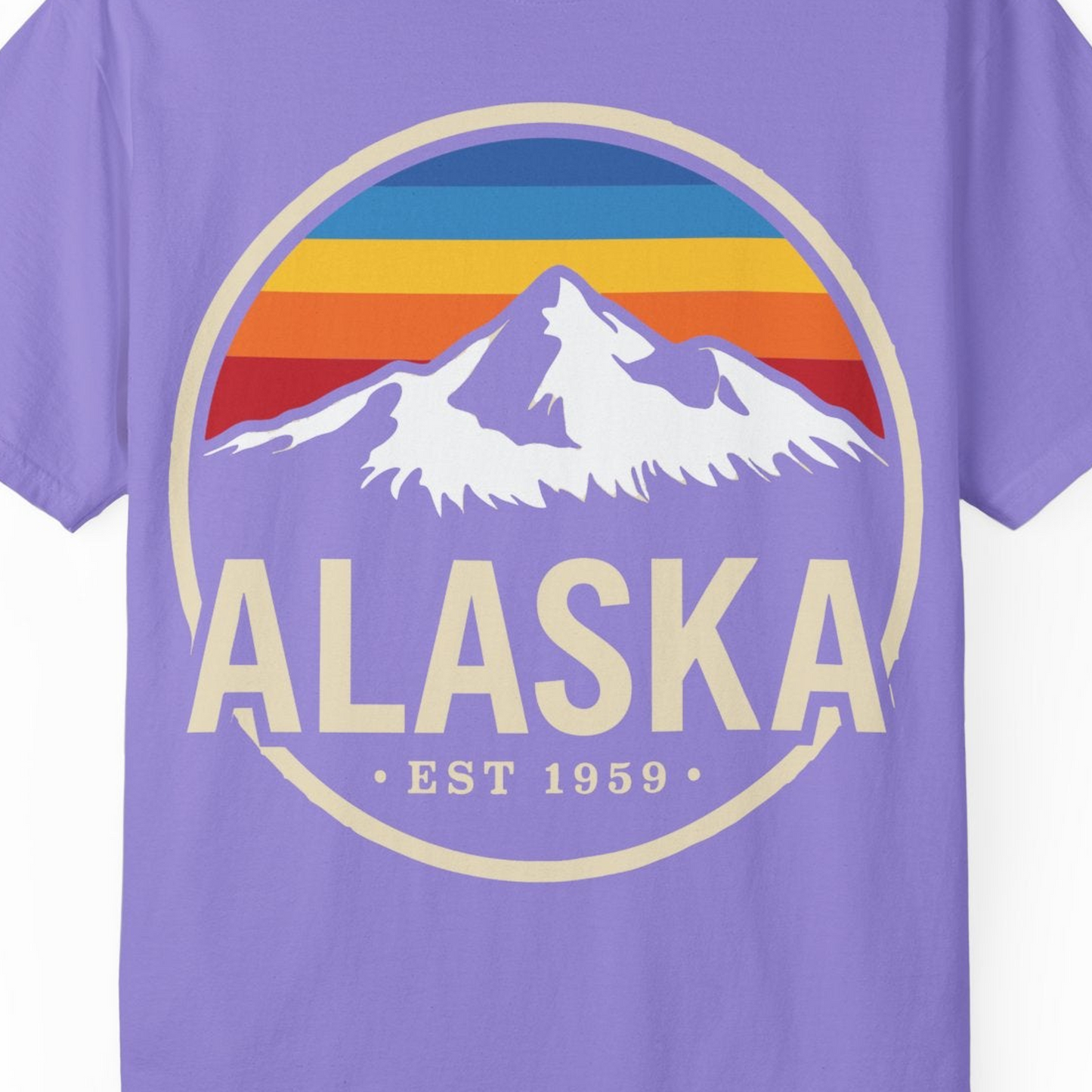 Alaska Vintage Mountain Sunset Shirt Comfort Colors T-Shirt – Violet – Alaska Cruise Shirts Close Up