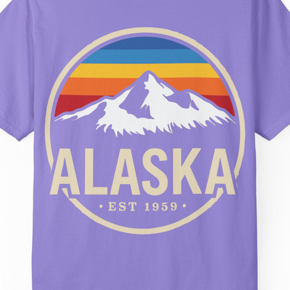 Alaska Vintage Mountain Sunset Shirt Comfort Colors T-Shirt – Violet – Alaska Cruise Shirts Close Up