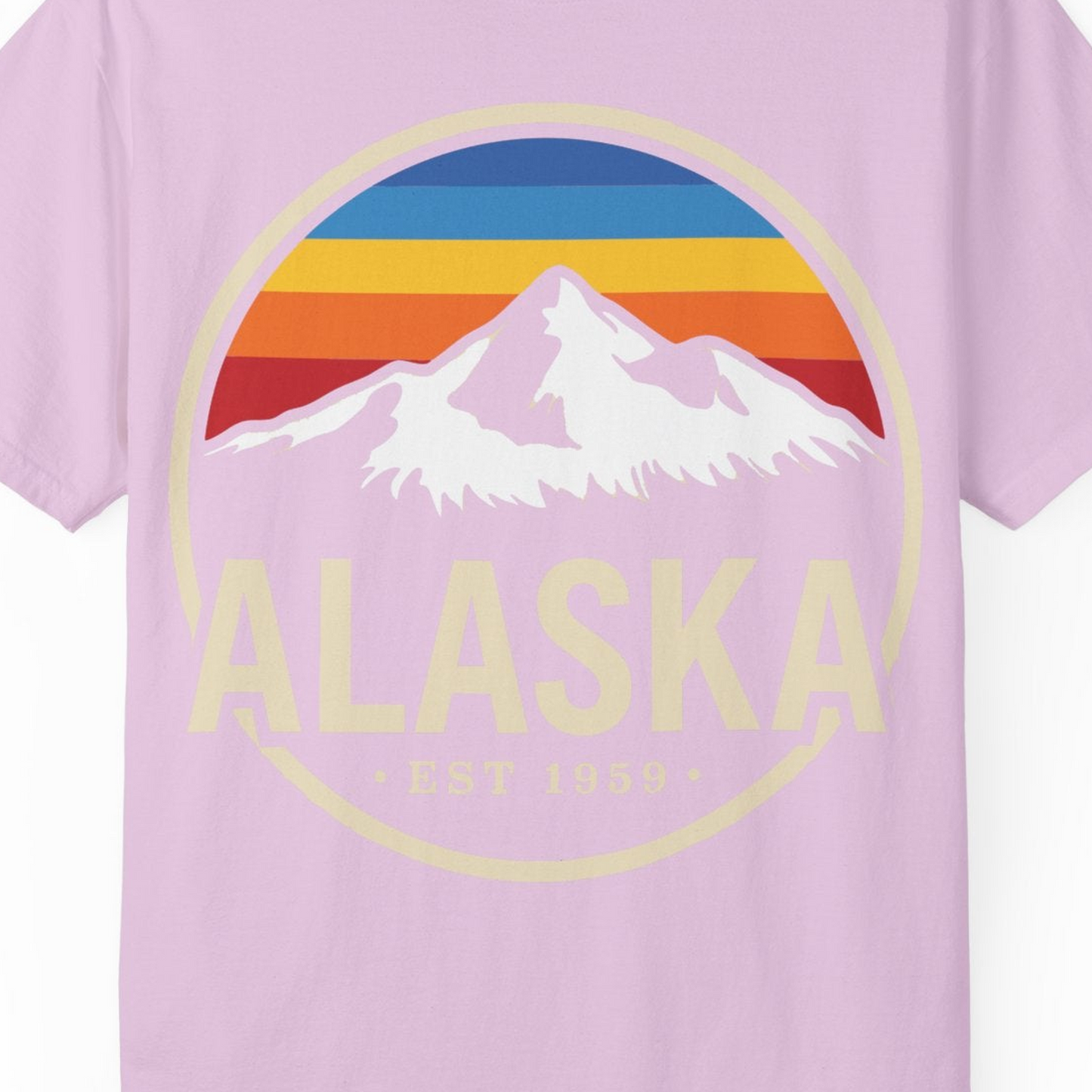 Alaska Vintage Mountain Sunset Shirt Comfort Colors T-Shirt – Orchid – Alaska Cruise Shirts Close Up