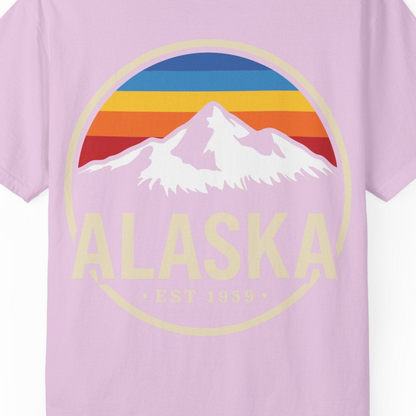 Alaska Vintage Mountain Sunset Shirt Comfort Colors T-Shirt – Orchid – Alaska Cruise Shirts Close Up