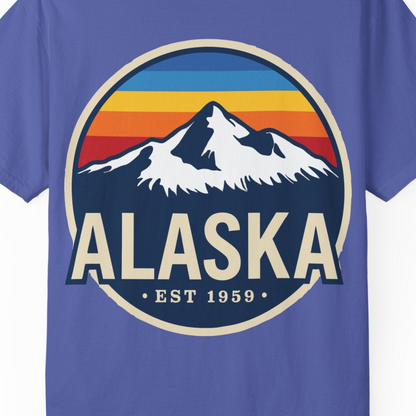 Alaska Vintage Shirt Comfort Colors T-Shirt – Periwinkle – Alaska Cruise Shirts Close Up
