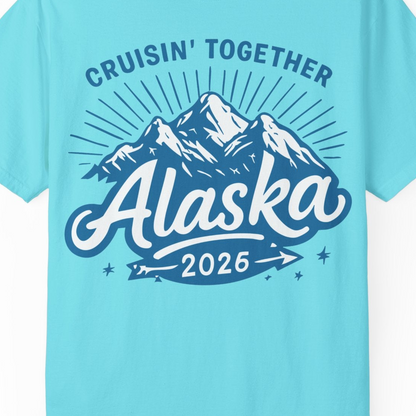 Alaska Cruise Mountains Adventure Shirt Comfort Colors T-Shirt – Lagoon Blue – Alaska Cruise Shirts Close Up