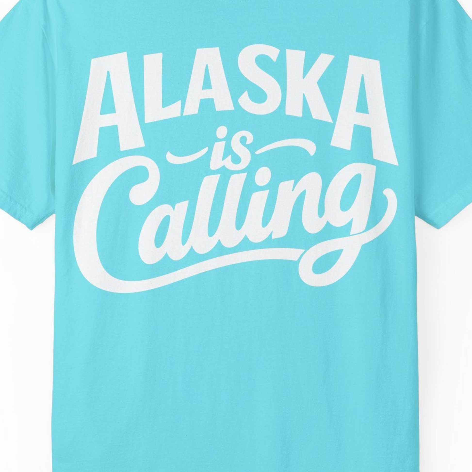 Alaska Is Calling Shirt Comfort Colors T-Shirt – Lagoon Blue – Alaska Cruise Shirts Close Up