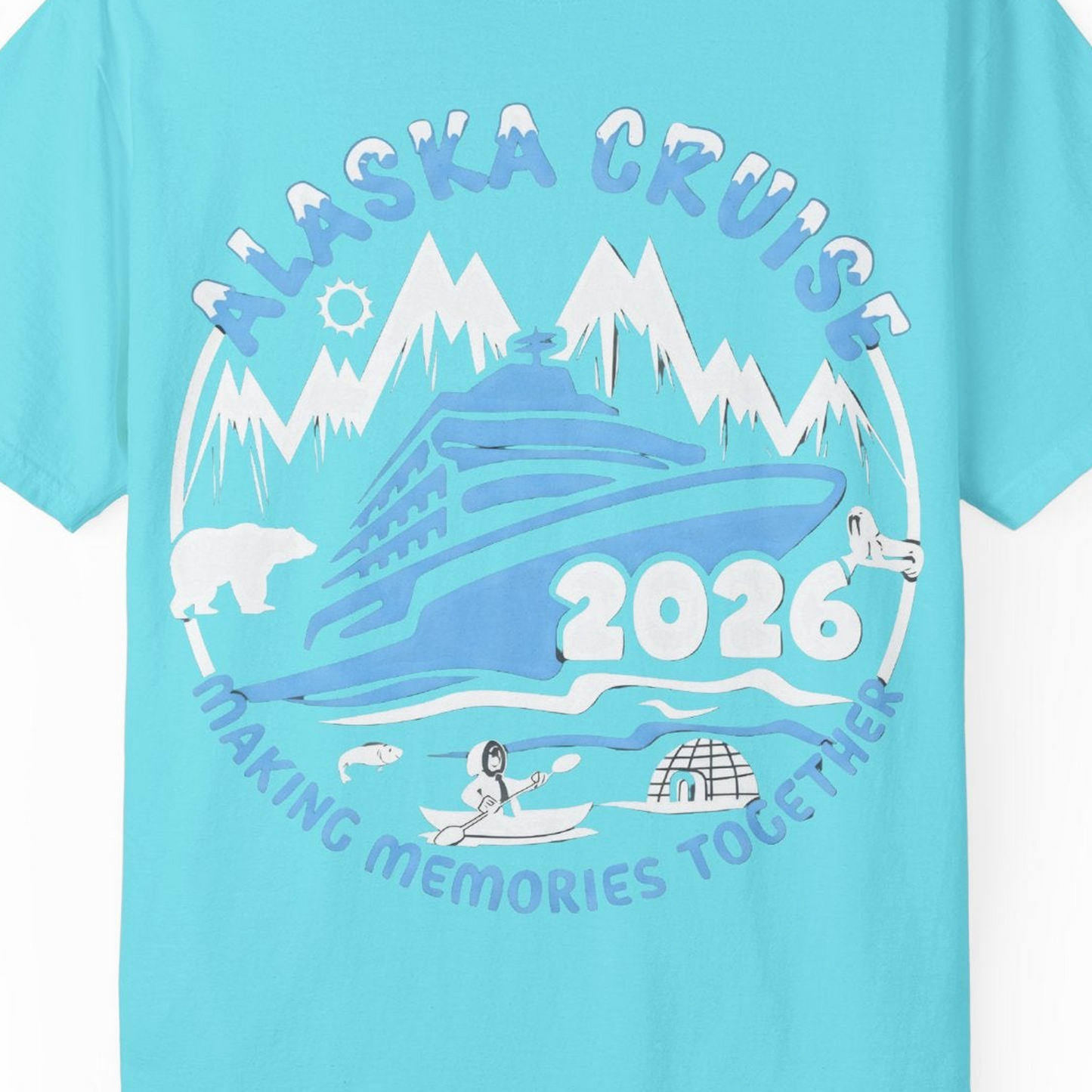 Alaska Cruise 2026 Adventure Shirt Comfort Colors T-Shirt – Lagoon Blue – Alaska Cruise Shirts Close Up