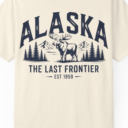 Alaska The Last Frontier Moose Mountain Wilderness Graphic Shirt — Comfort Comfort Colors T-Shirt – Ivory – Alaska Cruise Shirts Close Up