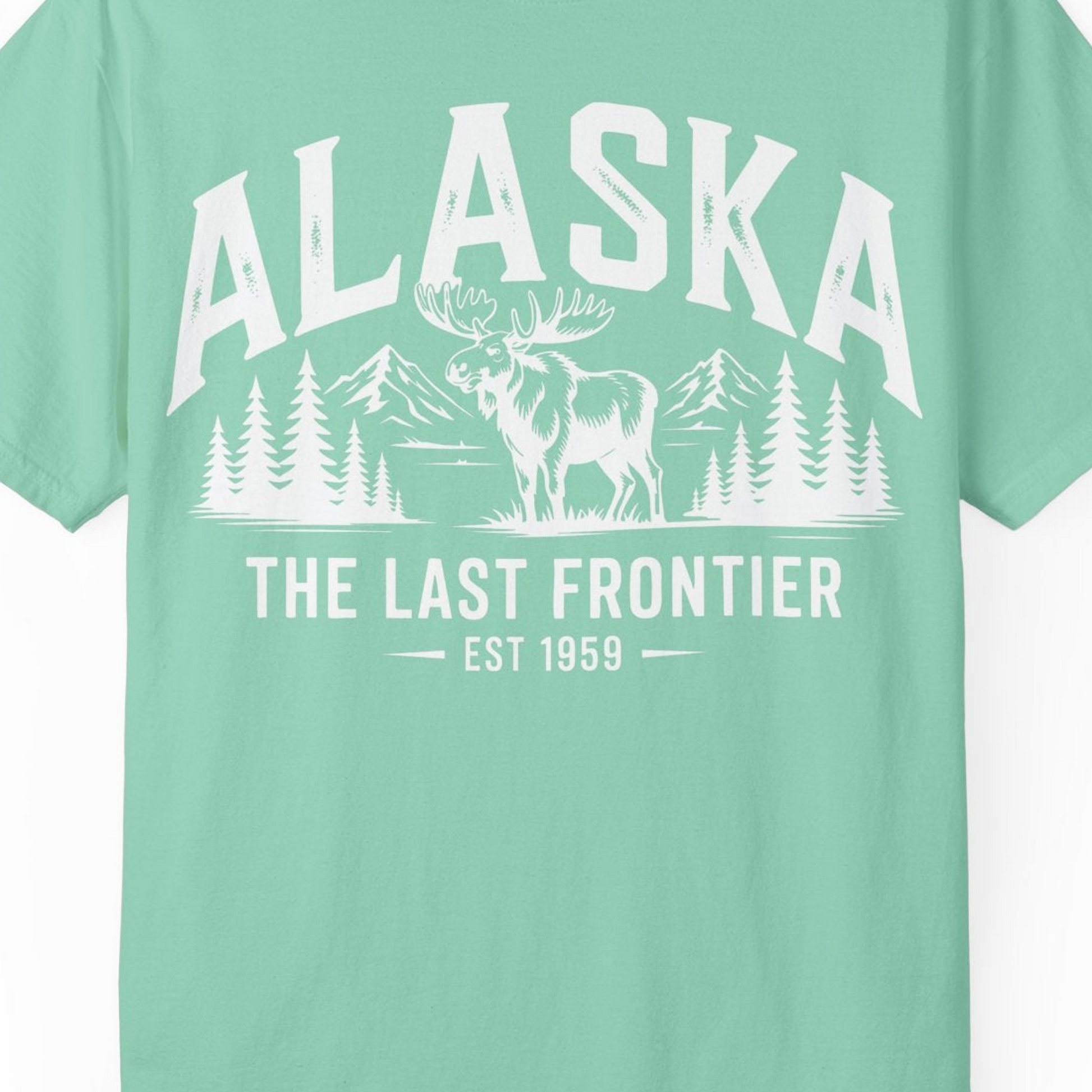Alaska The Last Frontier Moose Mountain Wilderness Graphic Shirt — Comfort Comfort Colors T-Shirt – Island Reef – Alaska Cruise Shirts Close Up