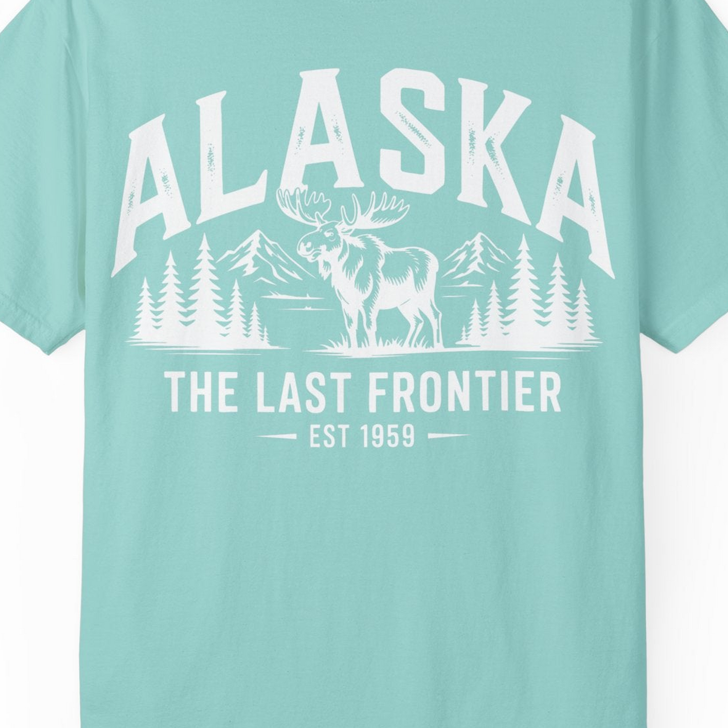 Alaska The Last Frontier Moose Mountain Wilderness Graphic Shirt — Comfort Comfort Colors T-Shirt – Chalky Mint – Alaska Cruise Shirts Close Up