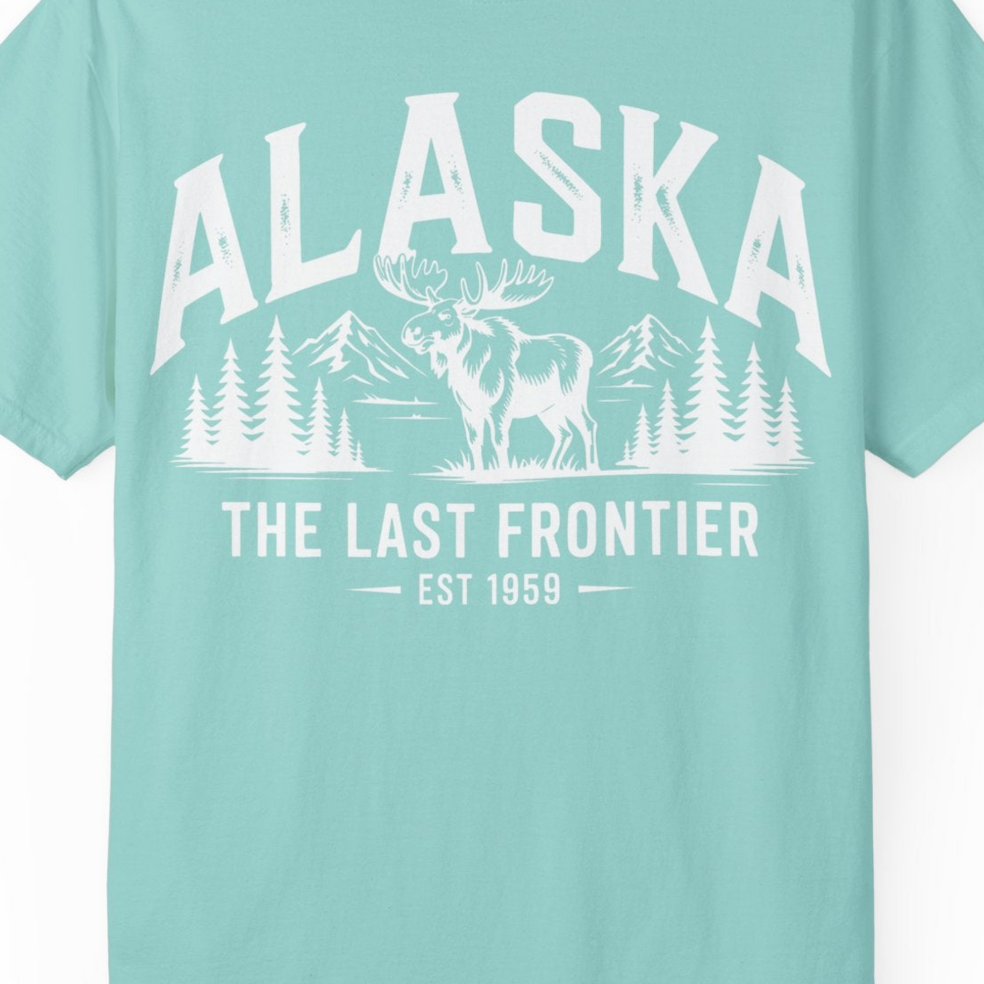 Alaska The Last Frontier Moose Mountain Wilderness Graphic Shirt — Comfort Comfort Colors T-Shirt – Chalky Mint – Alaska Cruise Shirts Close Up