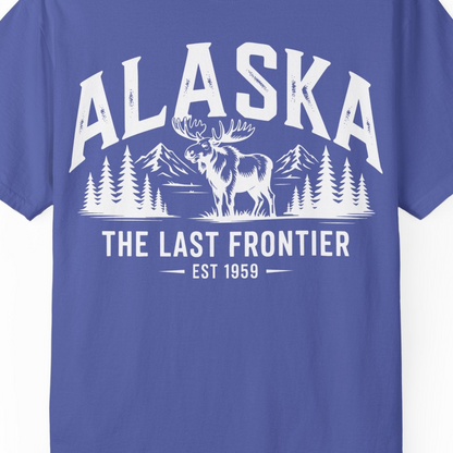 Alaska The Last Frontier Moose Mountain Wilderness Graphic Shirt — Comfort Comfort Colors T-Shirt – Periwinkle – Alaska Cruise Shirts Close Up