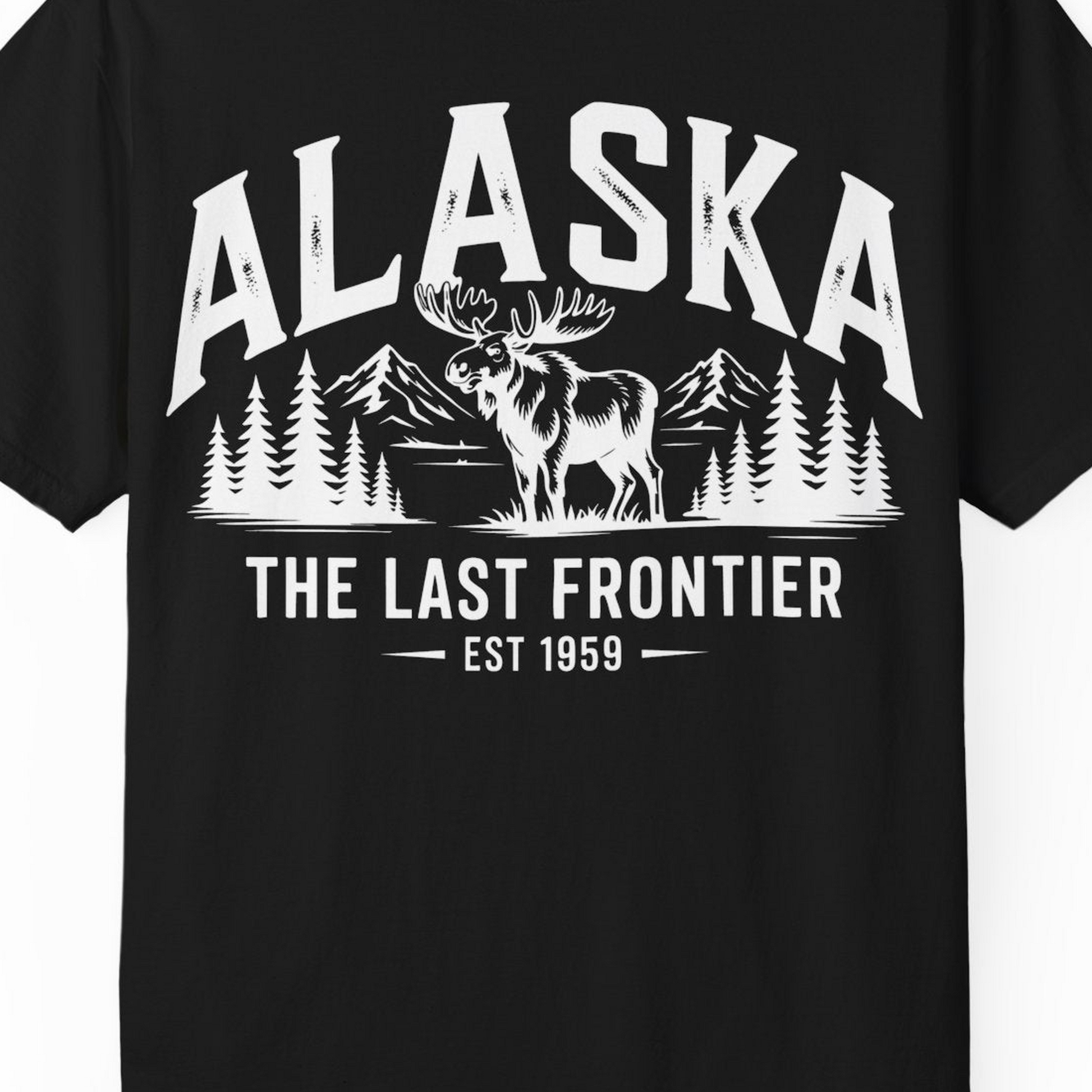 Alaska The Last Frontier Moose Mountain Wilderness Graphic Shirt — Comfort Comfort Colors T-Shirt – Black – Alaska Cruise Shirts Close Up