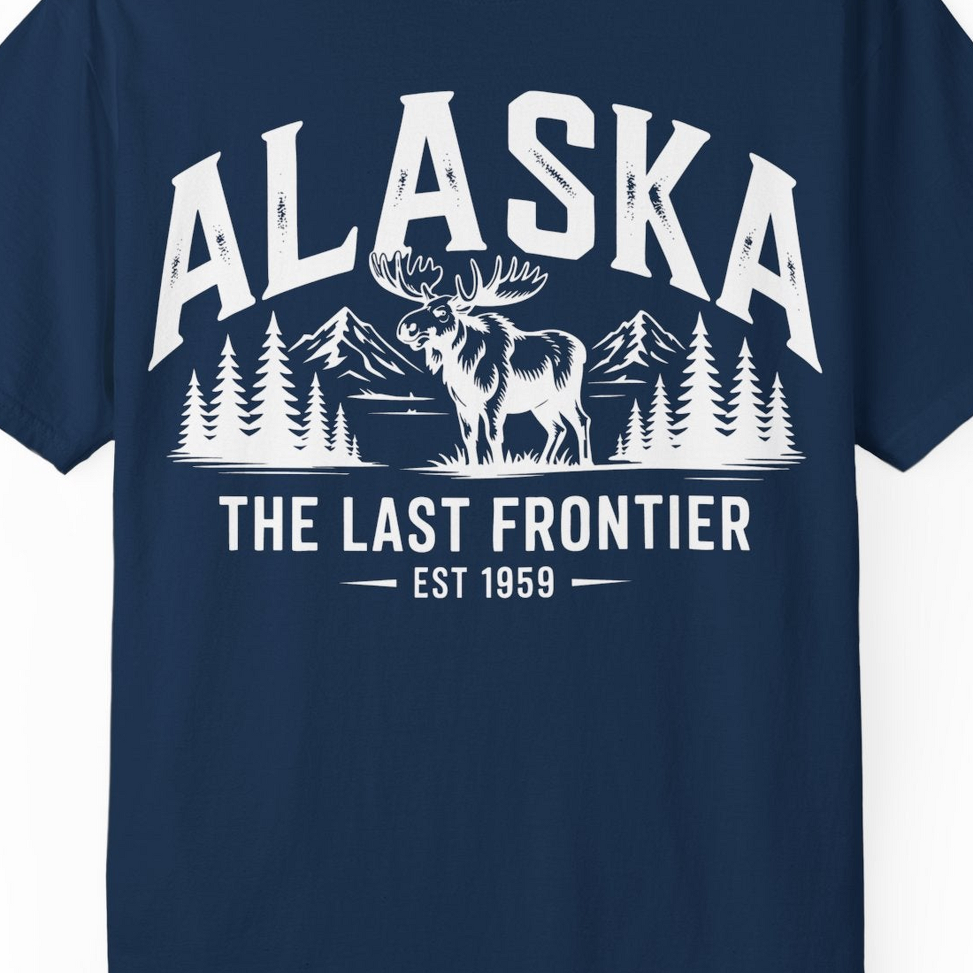 Alaska The Last Frontier Moose Mountain Wilderness Graphic Shirt — Comfort Comfort Colors T-Shirt – Navy – Alaska Cruise Shirts Close Up