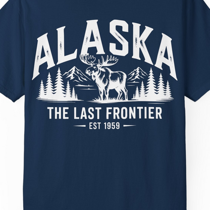 Alaska The Last Frontier Moose Mountain Wilderness Graphic Shirt — Comfort Comfort Colors T-Shirt – Navy – Alaska Cruise Shirts Close Up
