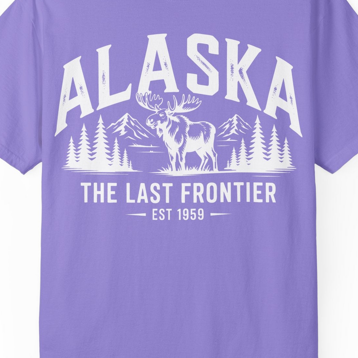 Alaska The Last Frontier Moose Mountain Wilderness Graphic Shirt — Comfort Comfort Colors T-Shirt – Violet – Alaska Cruise Shirts Close Up