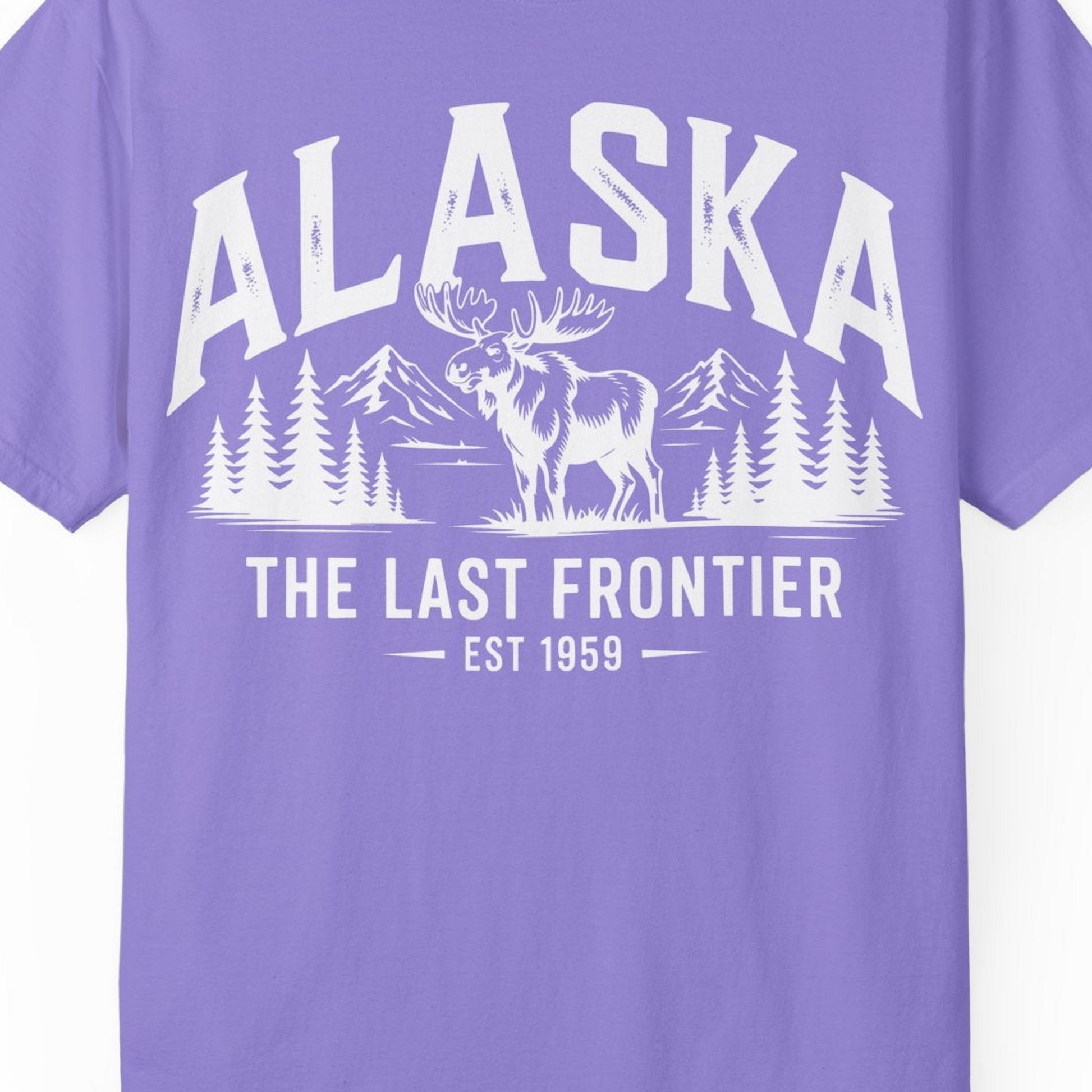 Alaska The Last Frontier Moose Mountain Wilderness Graphic Shirt — Comfort Comfort Colors T-Shirt – Violet – Alaska Cruise Shirts Close Up