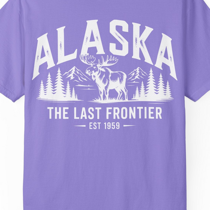 Alaska The Last Frontier Moose Mountain Wilderness Graphic Shirt — Comfort Comfort Colors T-Shirt – Violet – Alaska Cruise Shirts Close Up