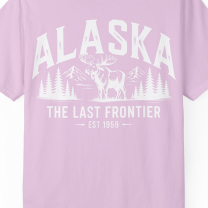 Alaska The Last Frontier Moose Mountain Wilderness Graphic Shirt — Comfort Comfort Colors T-Shirt – Orchid – Alaska Cruise Shirts Close Up
