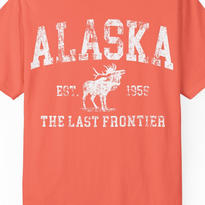 Vintage Alaska Moose Shirt Comfort Colors T-Shirt – Bright Salmon – Alaska Cruise Shirts Close Up