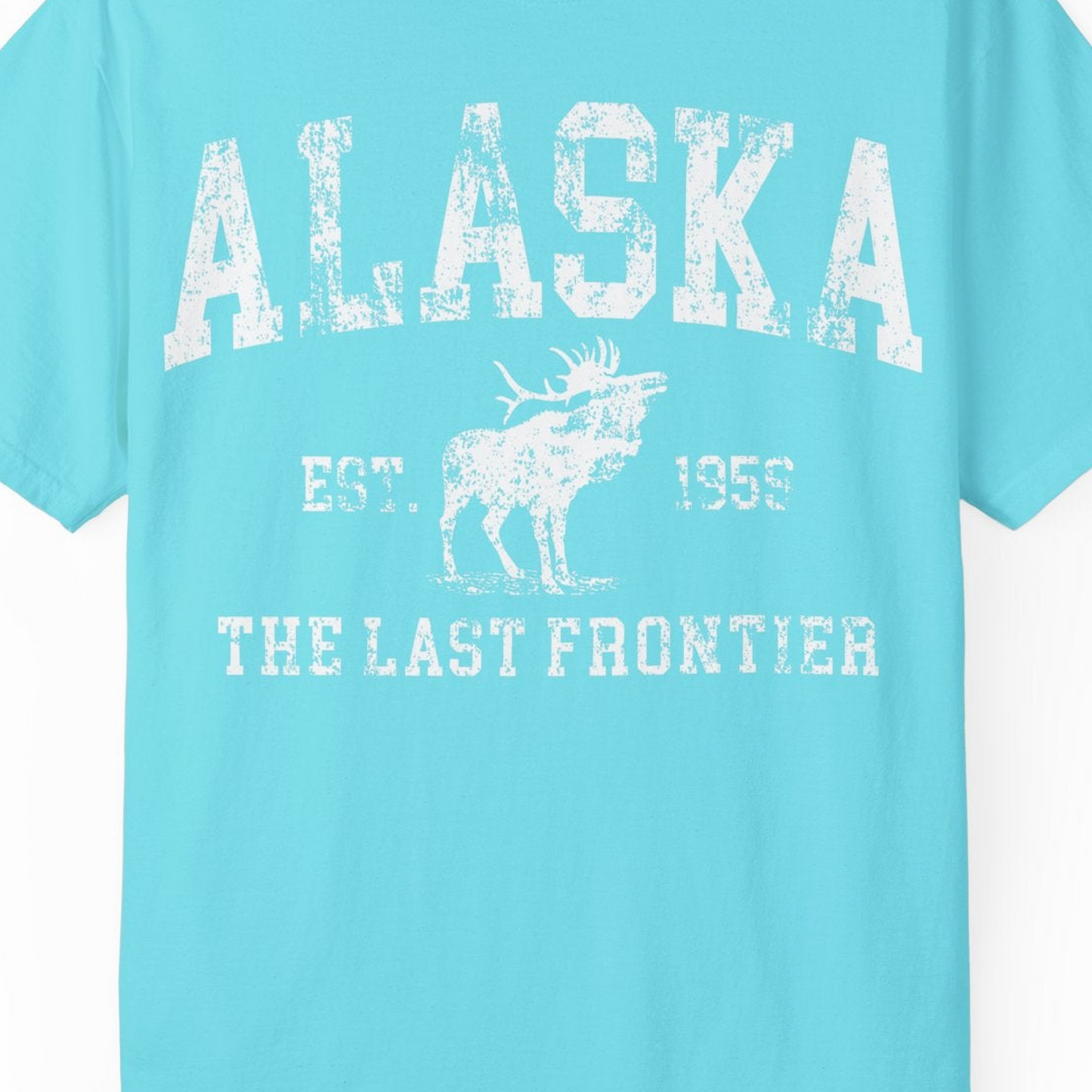 Vintage Alaska Moose Shirt Comfort Colors T-Shirt – Lagoon Blue – Alaska Cruise Shirts Close Up
