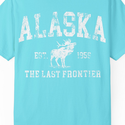 Vintage Alaska Moose Shirt Comfort Colors T-Shirt – Lagoon Blue – Alaska Cruise Shirts Close Up